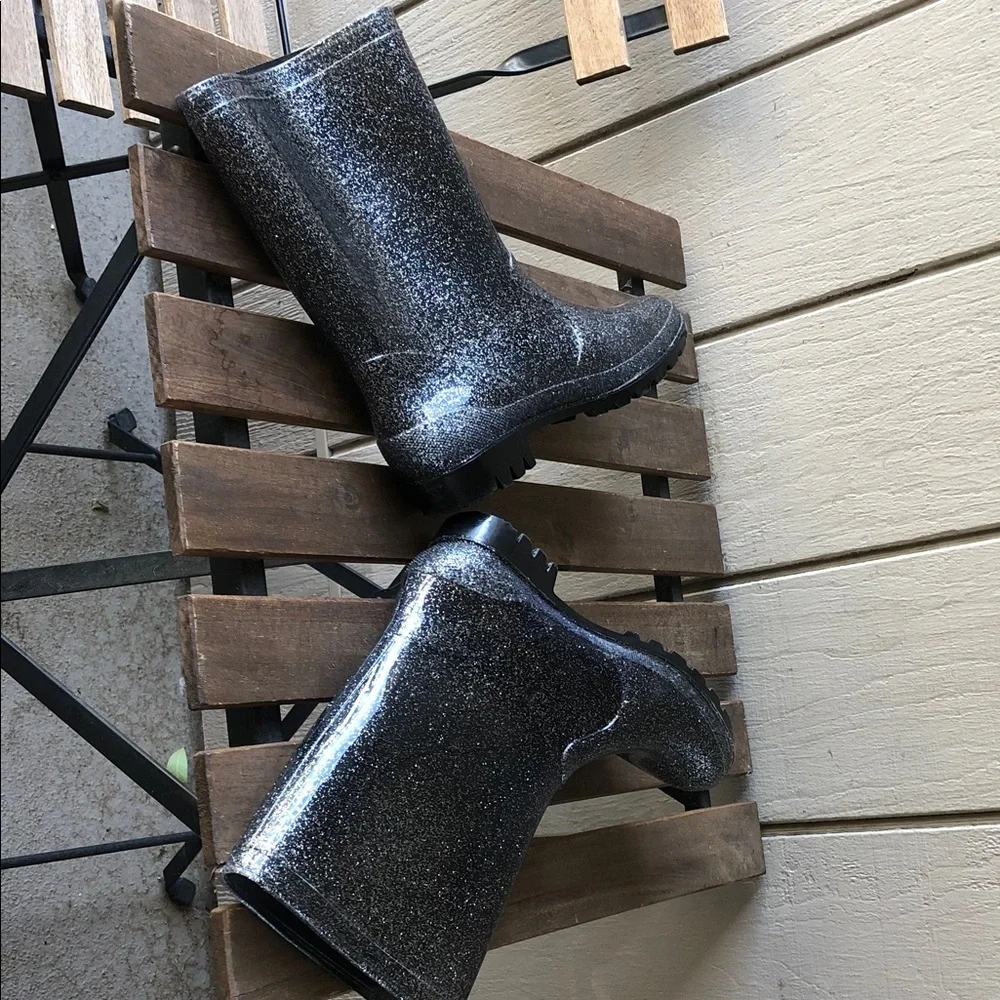 Women's Glitter Mid-Calf Black Rain Boots